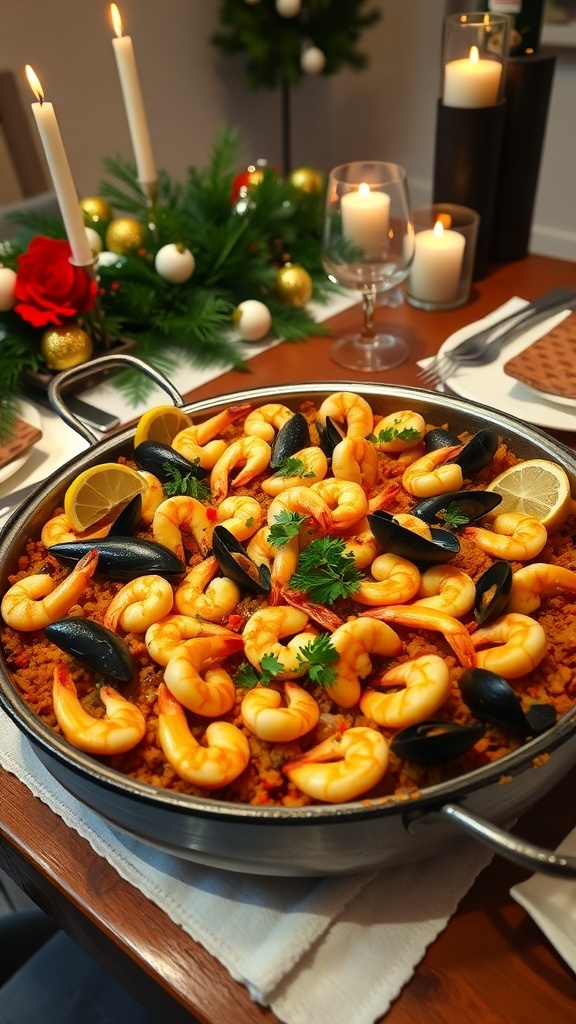 A festive seafood paella with shrimp, scallops, mussels, and calamari, garnished with parsley and lemon on a beautifully set holiday table.